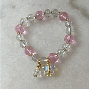 Artisan Pink and Clear Beaded Bracelet with Gold Accents